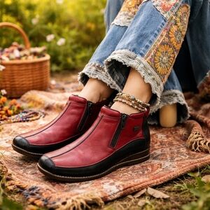 Rieker Red & Black Leather Ankle Boots Side Zip Comfort Shoes Boho Chic Funky